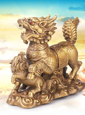 铜麒麟摆件一对纯铜公母麒麟送子