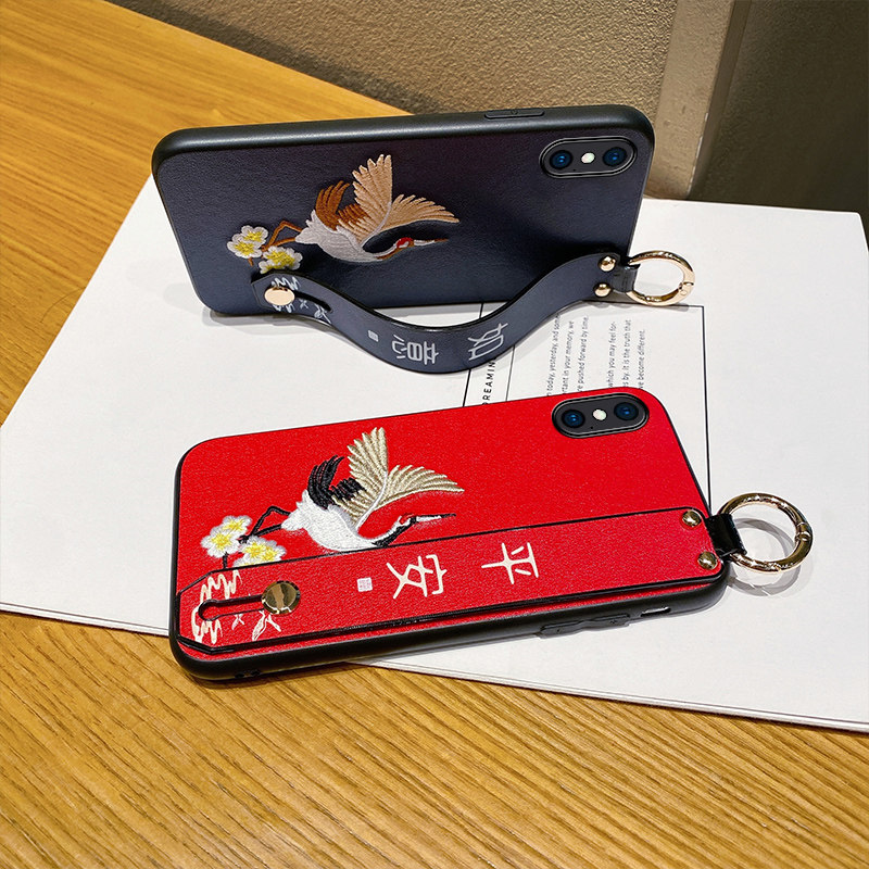 Aimak适用苹果xsmax手机壳iphone8plus保护套XR外壳XS皮质感苹果X刺绣鹤6splus中国风大小678腕带款斜挎挂绳