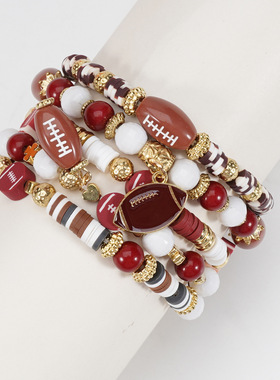 新款橄榄球吊坠手链比赛日手链串珠体育元素多层套装手串女