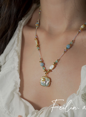 《虹彩糖豆》法式油画蝴蝶天然珍珠项链海蓝宝贝母吊坠颈链项坠女