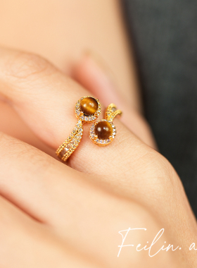 《金珀星环》美拉德虎眼石蛇形锆石开口戒指女2025新款食指戒指环