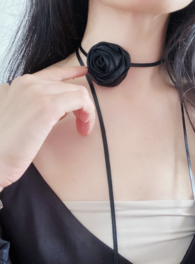 花朵网纱皮绳女系带玫瑰花项链
