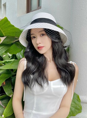 法式优雅网纱黑白色赫本钟型盆帽女夏天遮阳度假沙滩防晒出游草帽