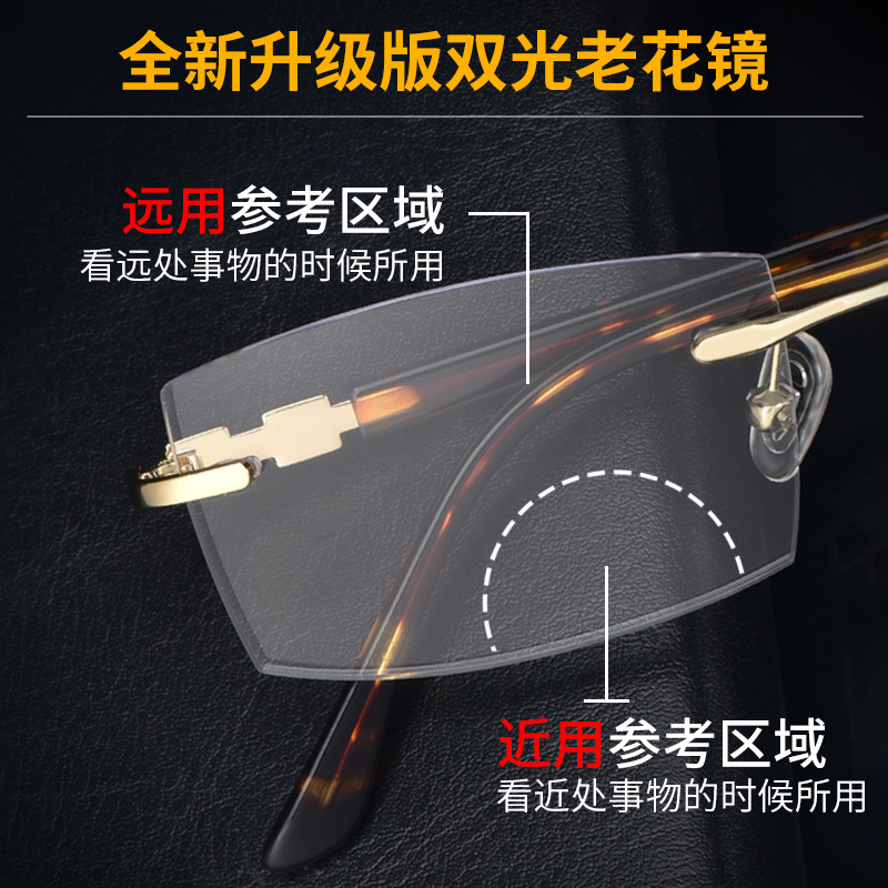 优奇眼镜专营店无框老花镜男高清防蓝光远近两用时尚超轻中老年舒适老人老光眼镜1