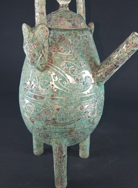 青铜器摆件错银云纹提梁壶店铺客厅客厅纯铜古玩镇宅家居装饰礼品