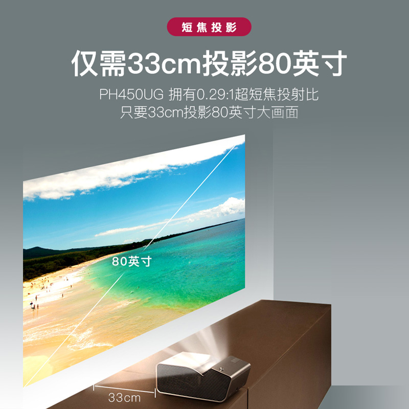 LG PH450UG超短焦近距离投影仪家用小型便携高清3D户外露营充电投影机 投墙智能手机投屏卧室微型家庭影院