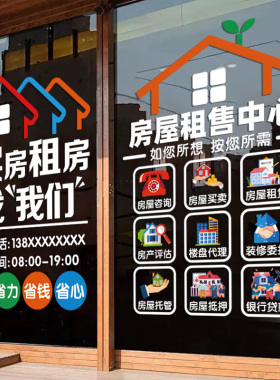 创意房产中介店铺玻璃门贴纸房屋托管租售租赁橱窗布置广告字贴画