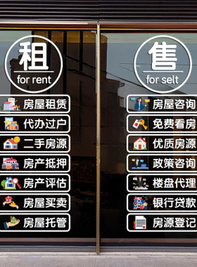 创意房产中介店铺玻璃门贴纸租售租赁房屋托管橱窗布置广告字贴画