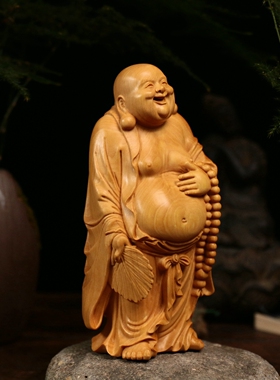 居舍小叶黄杨木拿扇弥勒摆件