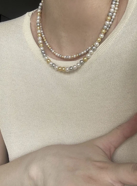 「彩虹糖」糖果色混彩珍珠项链进口施家人造珍珠锁骨链S925银