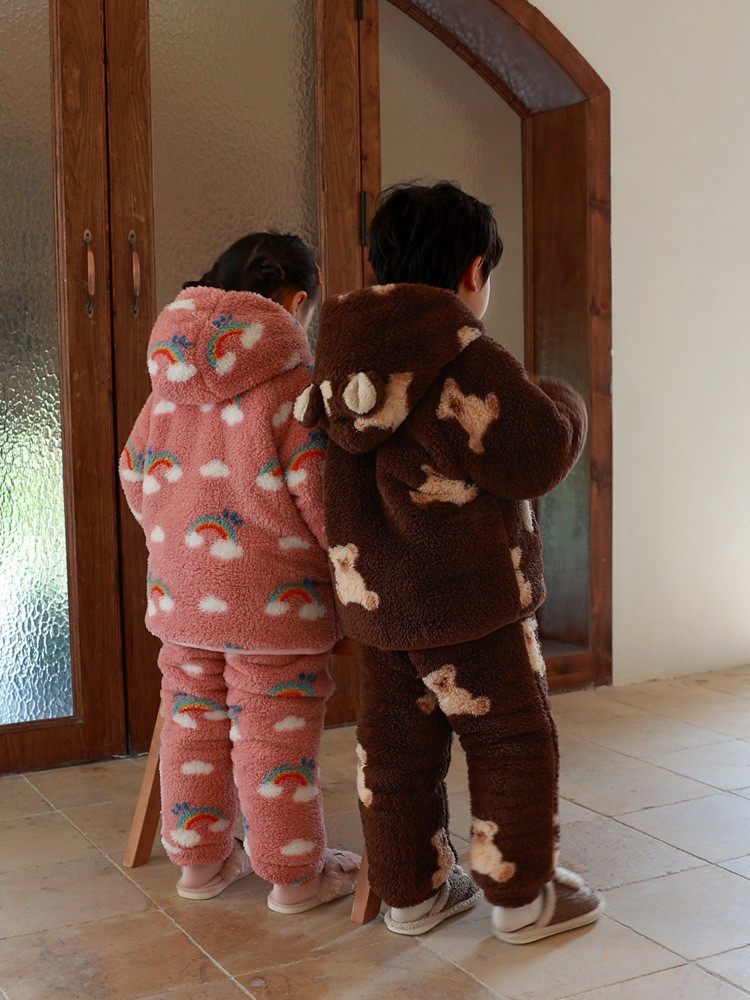 中大童男女宝宝双层加绒保暖连帽家居服套装韩系卡通加厚双层睡衣,淘宝优惠券,粉丝福利购,淘宝优惠卷