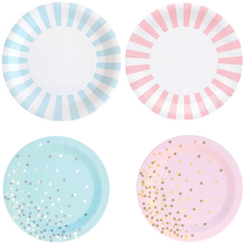 Baby Shower男孩女孩迎婴派对餐具生日用品蓝粉烫金条纹纸盘纸杯 - 图3