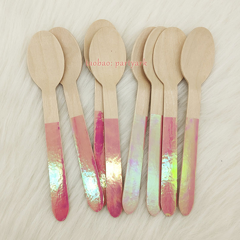 彩虹镭射粉色刀叉勺野餐西餐一次性叉子Wooden Disposable Forks-图1