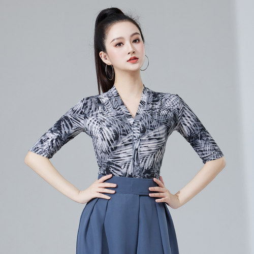 拉丁舞连体上衣女成人摩登舞服V领豹纹印花练功服表演服装交谊舞 - 图1