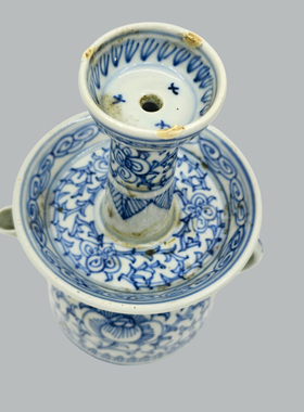 老物件青花画缠枝莲花卉油灯古玩