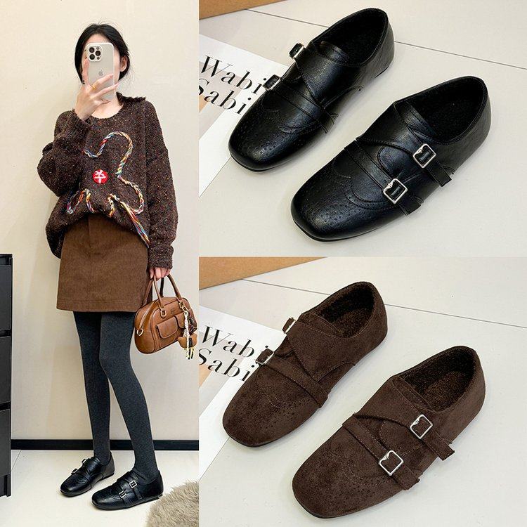 冬季新款深口金属扣雕花方口加绒单鞋布单鞋深口绒面一脚蹬软底女,淘宝优惠券,粉丝福利购,淘宝优惠卷