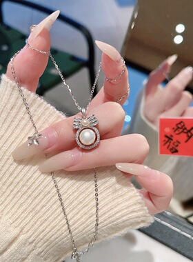 S925银纯银淡水珍珠蝴蝶结纯银项链不褪色礼盒礼袋新年顺丰3