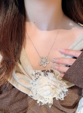 S925银纯银新大花满钻项链不褪色圣诞送礼盒礼袋顺丰12