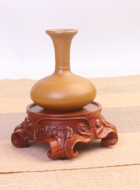实木雕刻祥云纹圆形底座瓷器摆件工艺品茶杯玉器玛瑙石头木托垫架