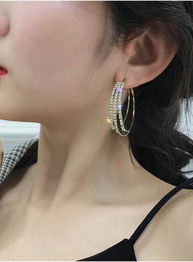 S925银针圈圈耳环女欧美满钻超闪耳圈气质个性耳饰潮闪耀耳环夏季