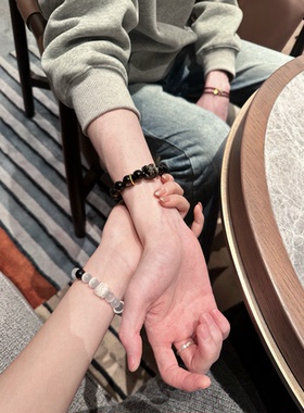 情侣手链天然银曜石醒狮手串男女款黑曜石白水晶手串猫眼石礼物