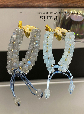 天然海蓝宝蝴蝶手链女款多圈佛珠念珠水晶饰品蓝色水晶手串她屿