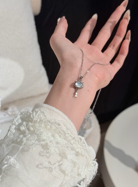 天然海蓝宝925银项链猫咪小鱼可爱饰品潮流国风女项链简约七夕