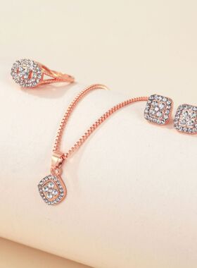 合金跨境轻奢镶钻几何形项链戒指耳环3件套时尚简约百搭首饰套装