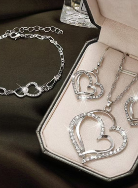 希音热销欧美流行爱心吊坠饰品套装 速卖通跨境双桃心形项链手链