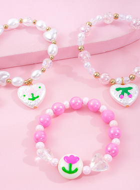 跨境热卖天然珍珠儿童项链卡通爱心设计花朵图案吊坠可爱女孩配饰