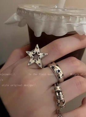 暗黑系~五角星金属开口戒指女小众设计嘻哈冷淡风食指戒情侣指环