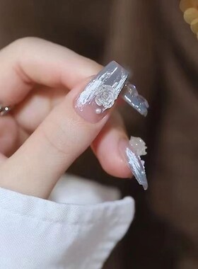 假指甲贴片可拆卸冰透蓝灰色山茶花长款气质钻链假指甲成品贴片