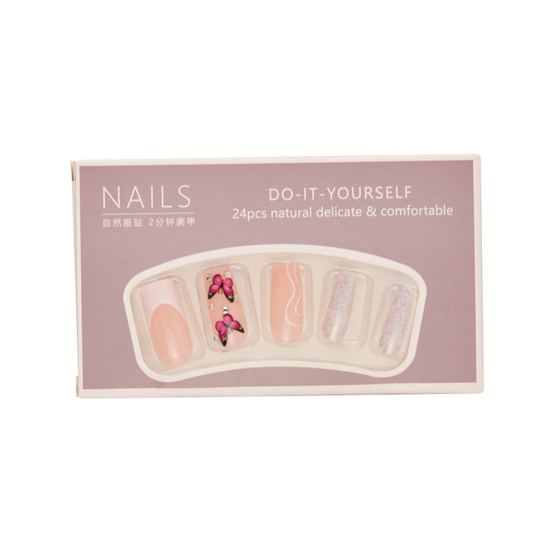 外贸穿戴甲中长款粉色蝴蝶闪粉美甲甲片成品假指甲贴片,淘宝优惠券,粉丝福利购,淘宝优惠卷