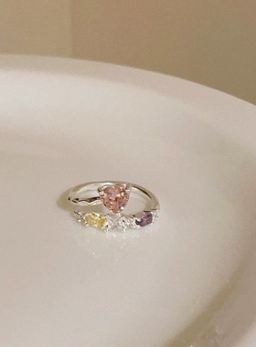 甜酷风粉钻爱心戒指女夏轻奢小众设计感指环精致开口可调节食指