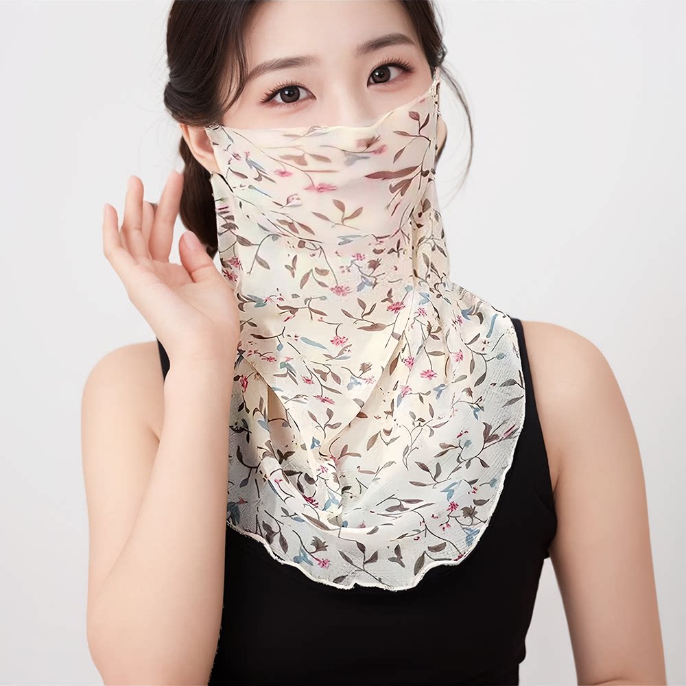 夏季薄款面纱防晒面罩遮脸挂耳透气纱巾防晒防紫外线围脖印花蕾丝