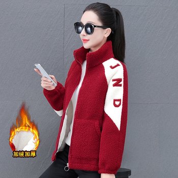 ເສື້ອກັນໜາວ ແລະ ລະດູໃບໄມ້ຫຼົ່ນ ແລະ ລະດູໜາວບວກຂະໜາດຂອງຜູ້ຍິງ velvet thickened lambswool jacket simple and versatile Korean style stand-up collar grain velvet top