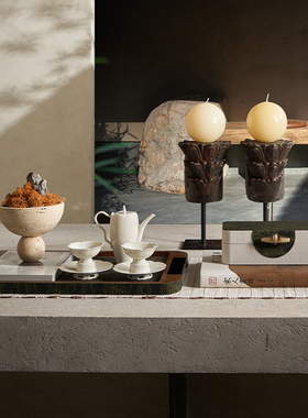 侘寂风绿色系列收纳装饰盒方形圆形民宿桌面干果收纳柜体装饰摆件