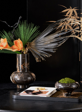 轻奢复古售楼处茶几天然大理石黑金花花器床头柜装饰组合石材摆件