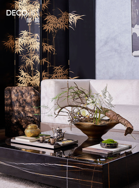 地高家样板房新中式客厅咖啡桌水墨玻璃水果盘花卉器皿装饰摆件组