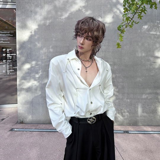 杨一帆潮牌长袖衬衫男款2025秋季新款纯色设计宽松ins时尚衬衣