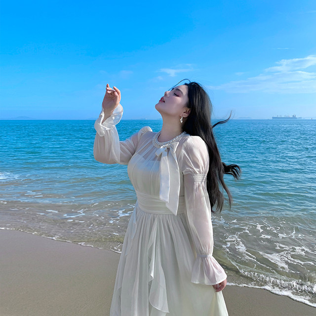 Xitong'er plus size women's clothing for fat mm, French style waist slimming dress, fairy princess white skirt, autumn