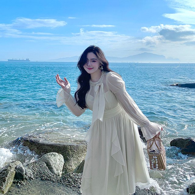 Xitong'er plus size women's clothing for fat mm, French style waist slimming dress, fairy princess white skirt, autumn