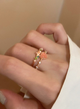 超仙双层款爱心锆石戒指女新款ins小众个性食指戒高级感开口指环