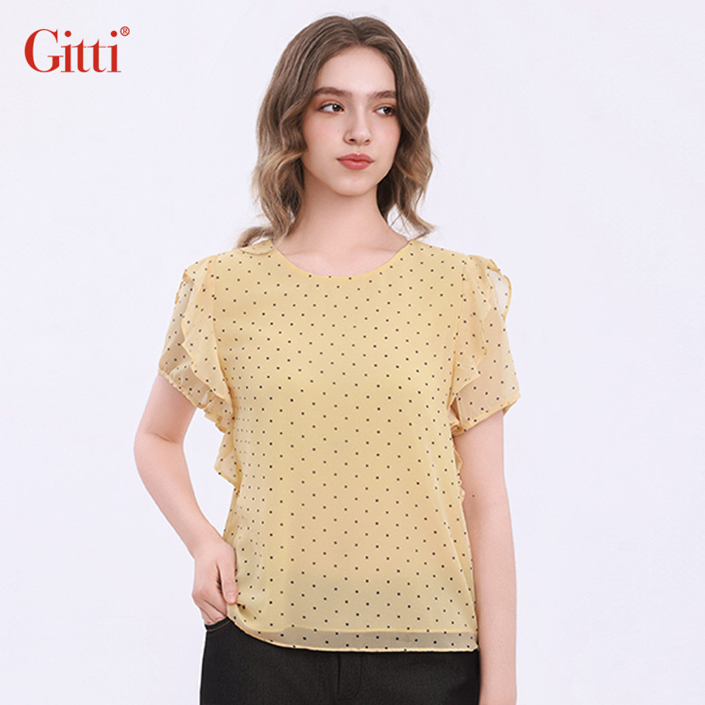 Gitti/吉蒂甜美假两件拼接波点印花荷叶边雪纺衫女圆领G261172,淘宝优惠券,粉丝福利购,淘宝优惠卷