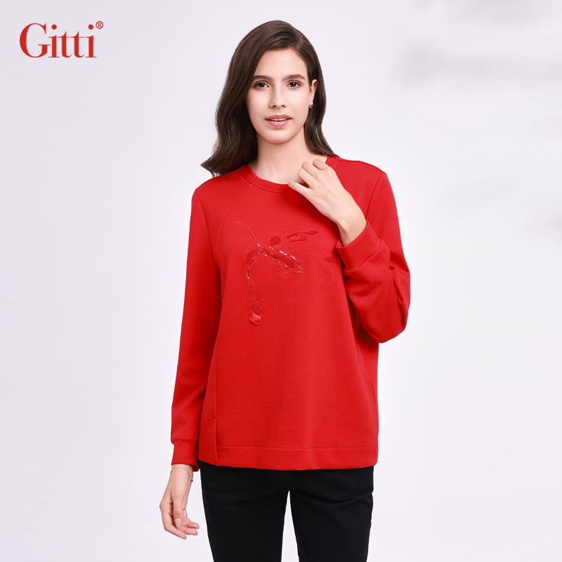 Gitti/吉蒂秋宽松大码刺绣卫衣女棉莫尔尔圆领厚长袖上衣G245683