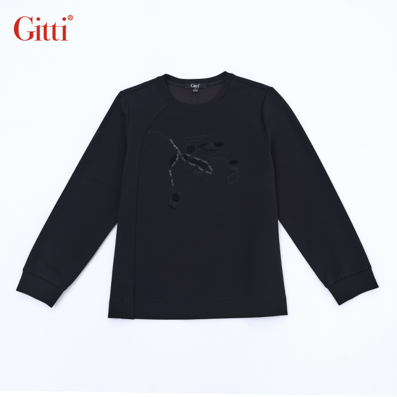 Gitti/吉蒂秋宽松大码刺绣卫衣女棉莫尔尔圆领厚长袖上衣G245683