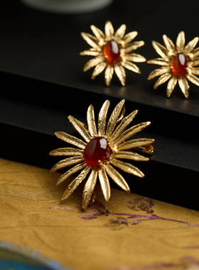 向阳石榴石胸针太阳花简约设计高级感自然纹理轻奢女领针高档配饰