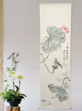 新中式手绘荷花隔断帘