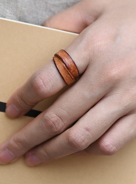 溯也中性风皮革原创黑色机理戒指