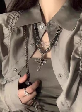 y2k暗黑十字架玫瑰流苏项链小众